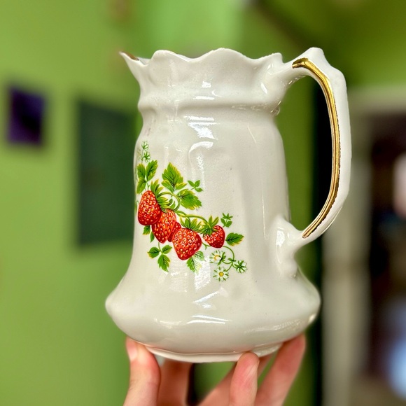 Vintage Dainty Porcelain Strawberry Field Cottagecore Farmhouse Kitchen Pitcher - Picture 3 of 13